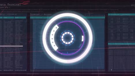 animation of neon round scanner over interface with data processing against black background