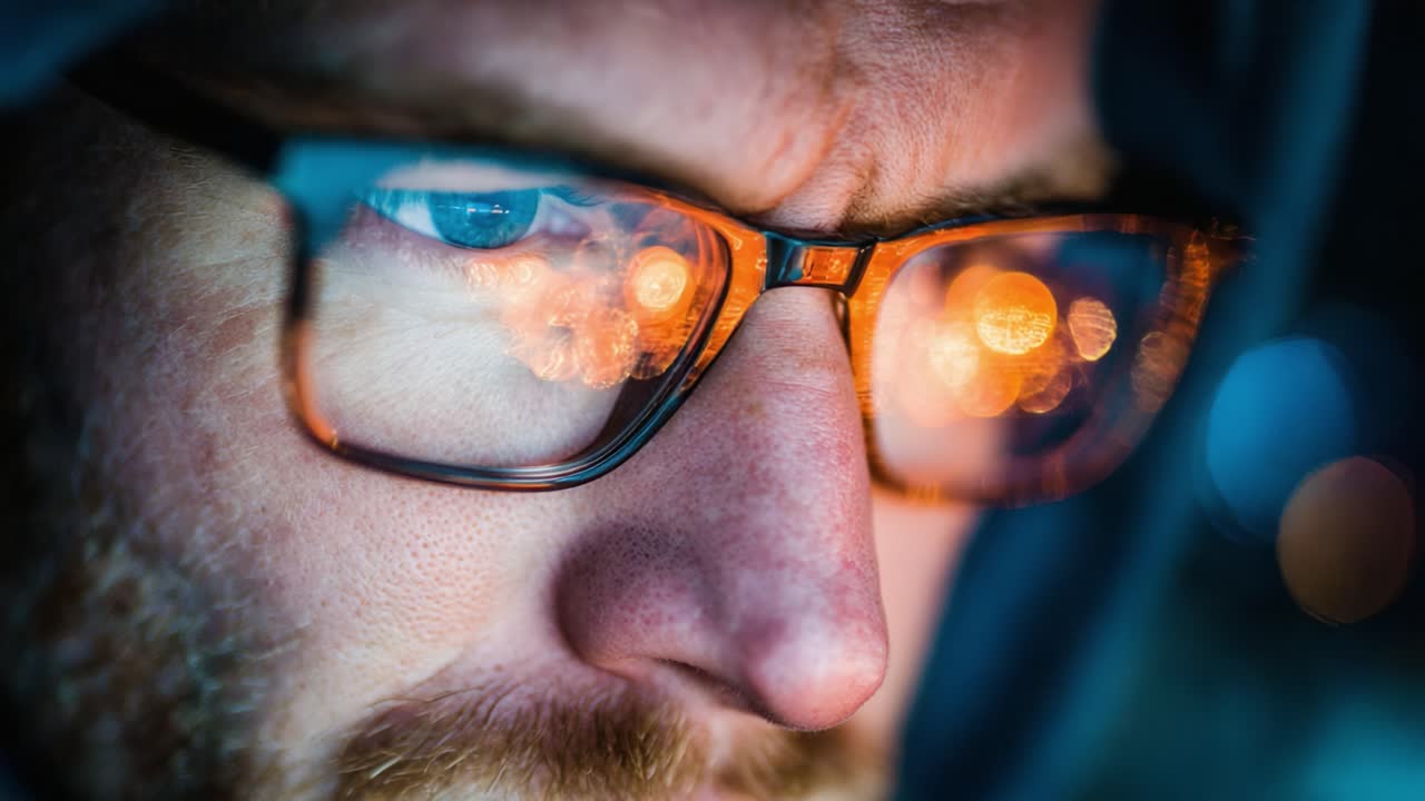Focused individual immersed in technology, featuring intense gaze and reflective glasses capturing vibrant lights, highlighting concentration and digital engagement