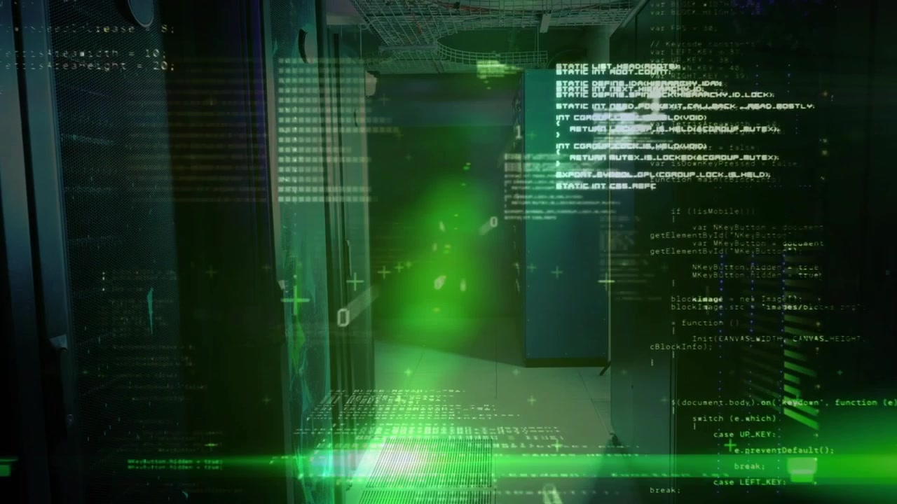 Green glow appearing in server hall initiating floating code scrolling dissolving showing data flow