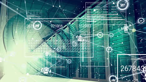 animation of data processing and media icons over server room