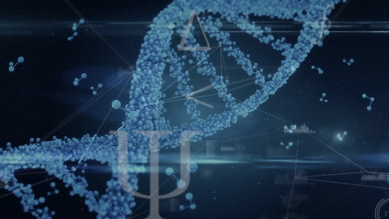 Digital animation of dna and molecular structures over data processing against blue background