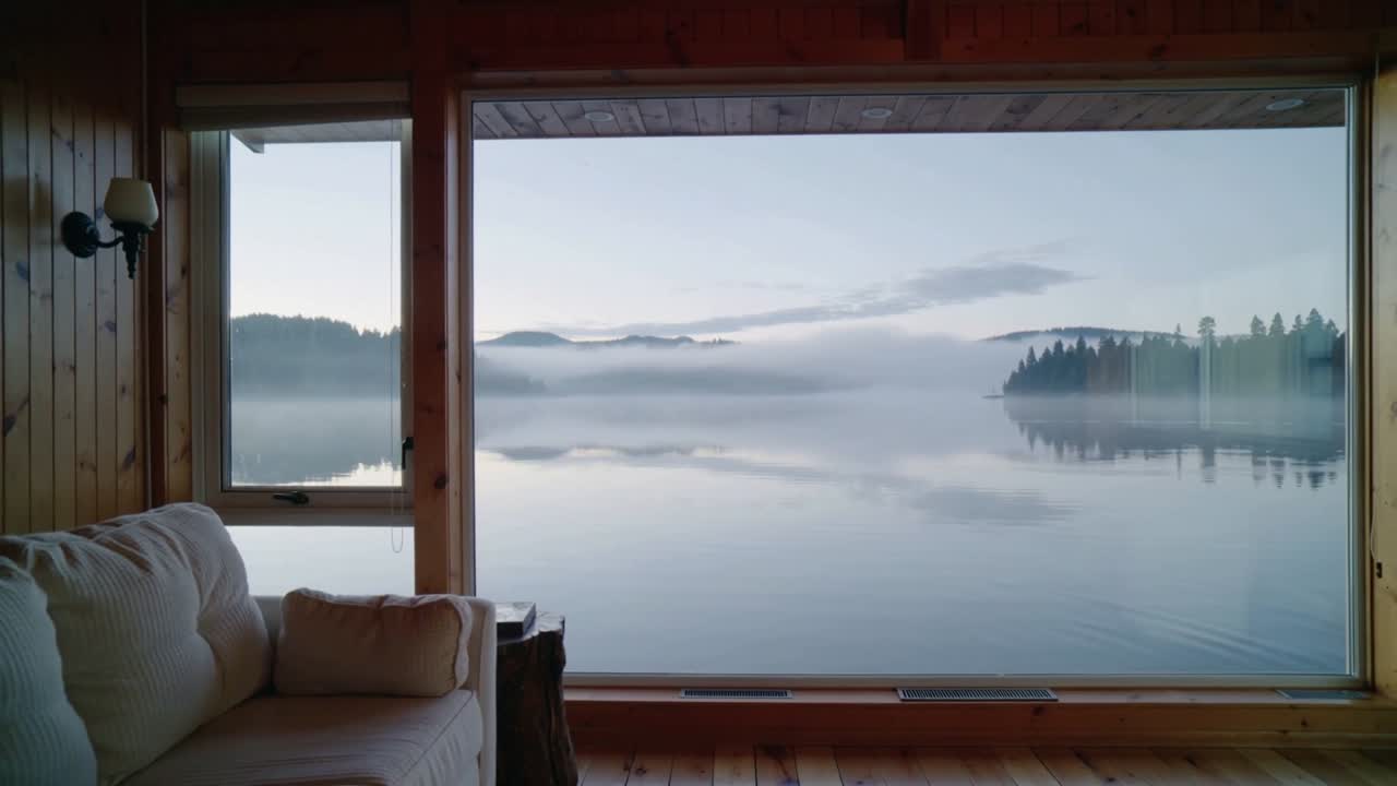 Recording panoramic window framing calm lake and thinning fog in wooden cabin for morning view