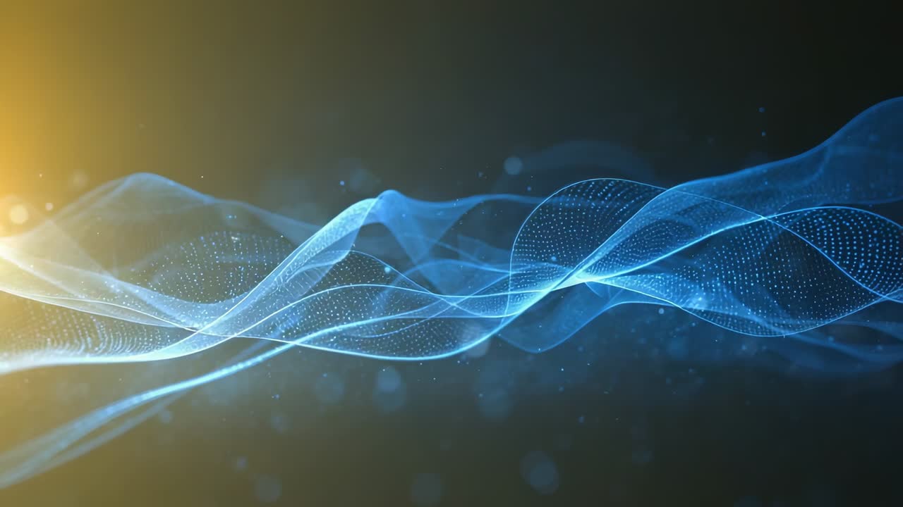 Emerging left golden flare causing mesh ribbon waves shifting blue-gold and bokeh on dark backdrop