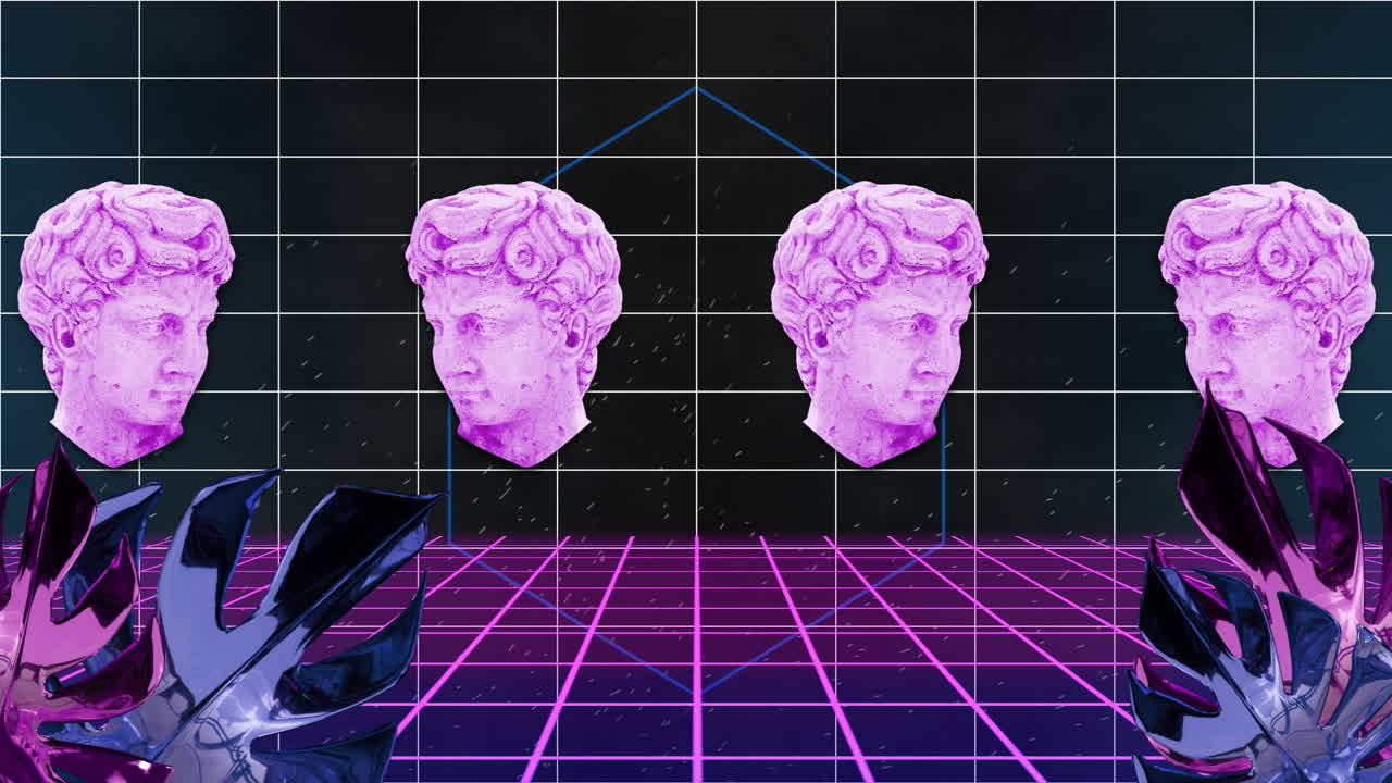 추상적인 배경에 대한 격자 패턴으로 움직이는 잎과 남성 동상의 머리의 애니메이션