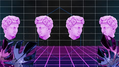 animación de hojas y cabeza de estatuas masculinas que se mueven en patrón de cuadrícula contra un fondo abstracto