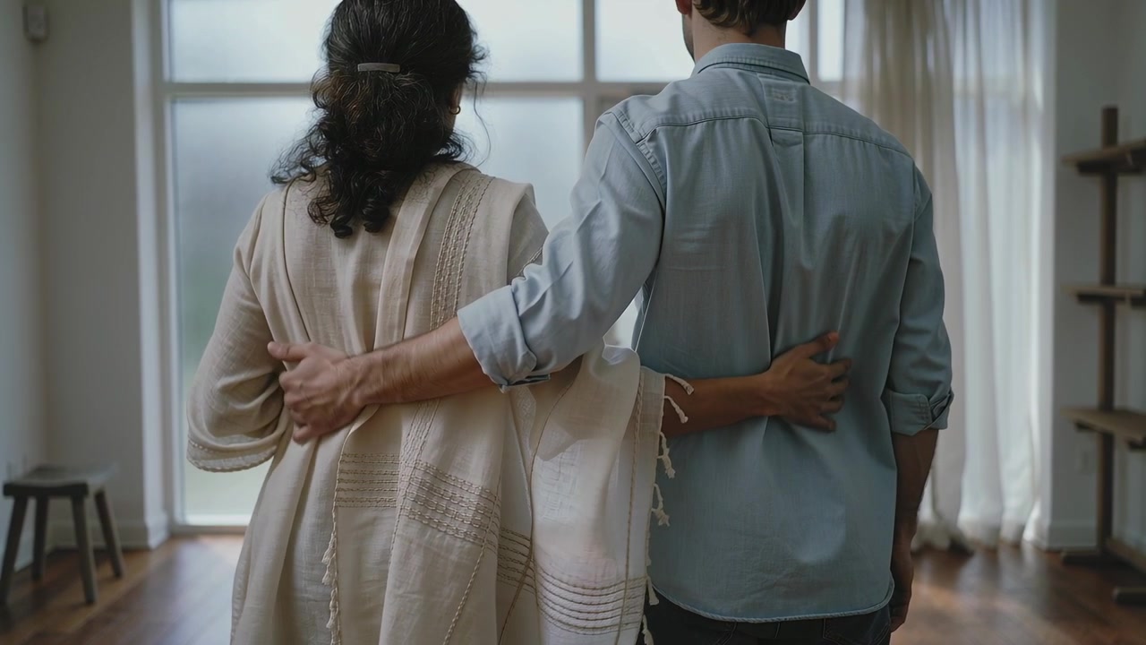 Stepping couple prompted by soft window light, shifting hands toward frosted window at home