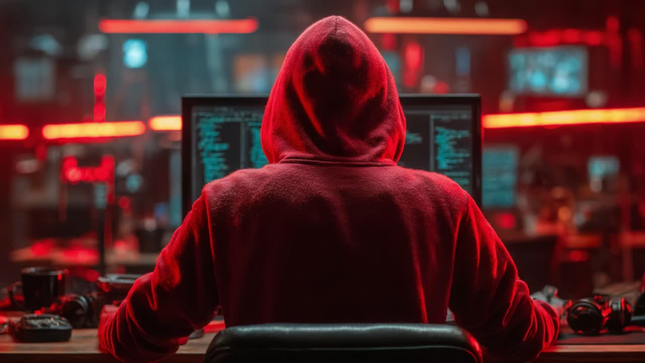 Mysterious Figure in a Red Hoodie Engaged in Deep Coding, Surrounded by High-Tech Screens and an Atmosphere of Intrigue and Digital Complexity