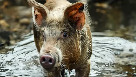 un pequeño cerdo de pie en una corriente de agua