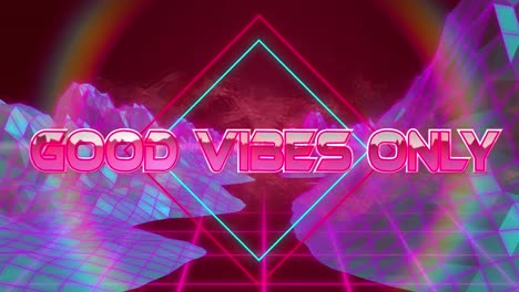 Animation-of-good-vibes-only-over-square-and-mountains-on-pink-and-black-background