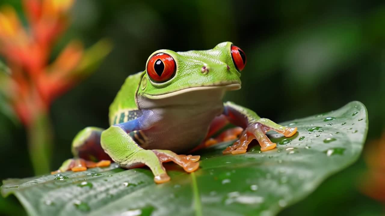 Vibrant Red-Eyed Tree Frog Sitting on a Wet Green Leaf in the Rainforest