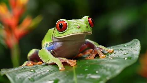 vibrant red-eyed tree frog sitting on a wet green leaf in the rainforest