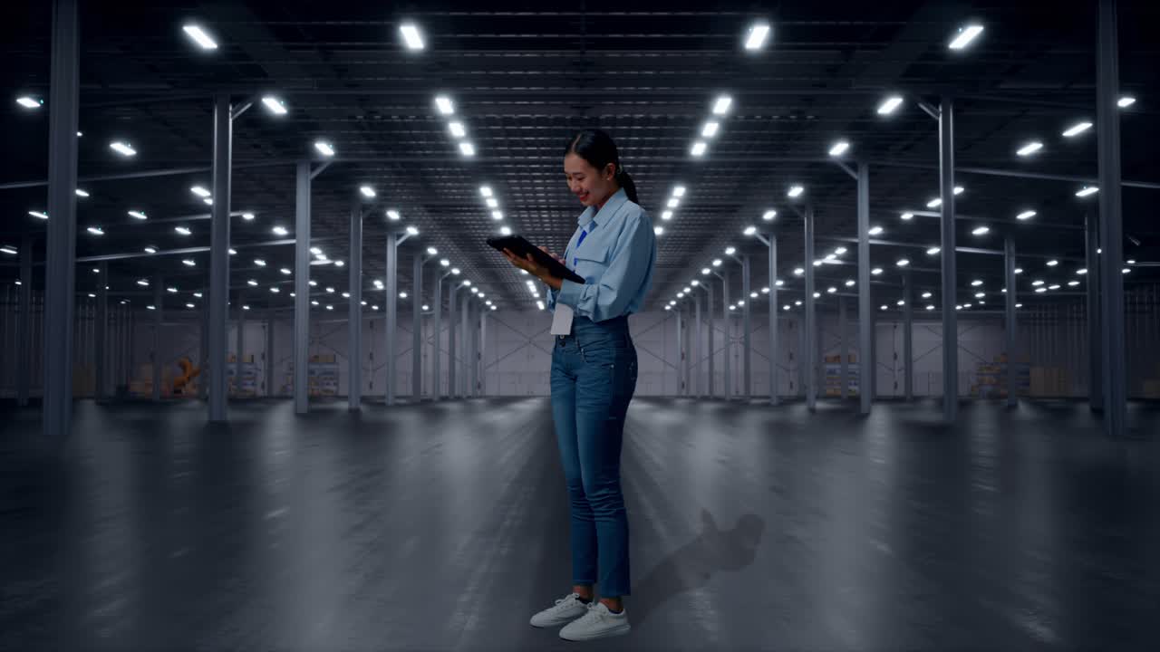 Vista lateral de cuerpo completo de una mujer asiática con su tableta en un almacén moderno vacío, trabajando continuamente con ella.