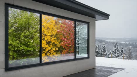 a beautiful contrast of seasons: vivid fall leaves reflected in a cozy winter landscape through a large modern window frame