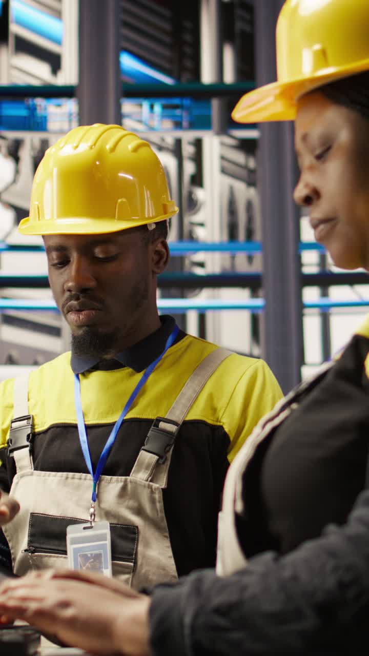 Vertical video Manager supervising technician in factory using PC to diagnose malfunctions