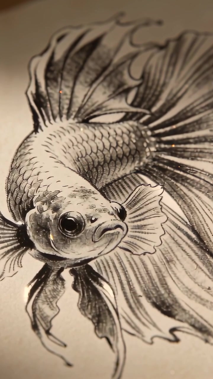 Video verticale: Telecamera che scorre in primo piano su un tavolo, rivelando squame di pesce disegnate a penna e inchiostro