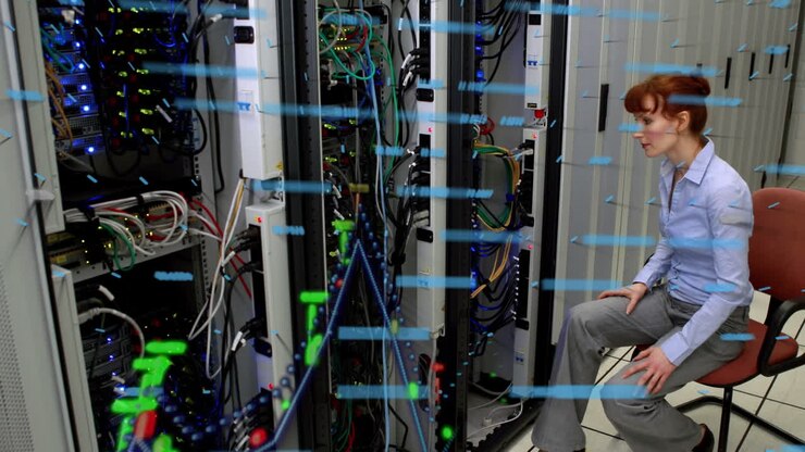 Animation of data processing over caucasian businesswoman in server room