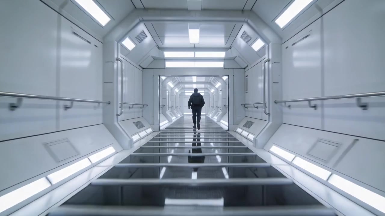 Un uomo adulto cammina svelto attraversando un corridoio tecnologico con grata verso una porta, in giacca e pantaloni scuri.