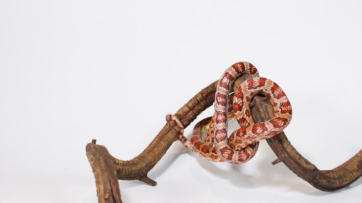 Red corn snake slowly moves while coiled on wooden branch against clean white background
