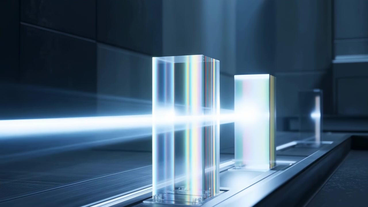 Passaggio interno elegante dalle tonalità blu con pannelli trasparenti, superfici metalliche e un potente fascio di luce bianca che attraversa la scena, creando riflessi luminosi