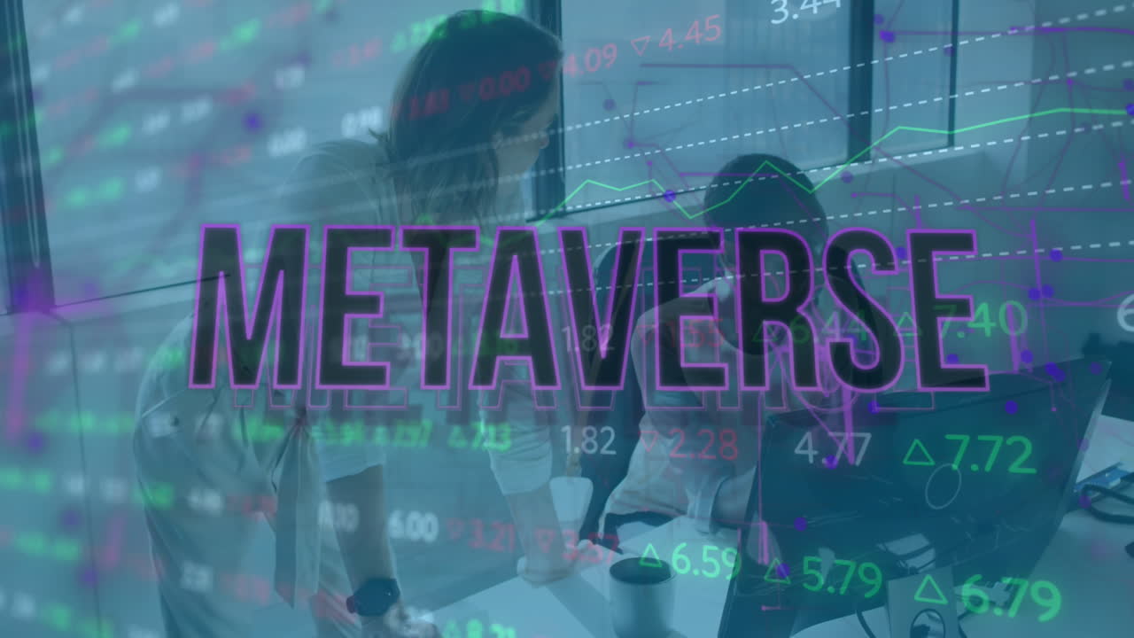 메타버스 텍스트 및 주식 시장 데이터 처리의 애니메이션 다양한 여성이 사무실에서 논의합니다.