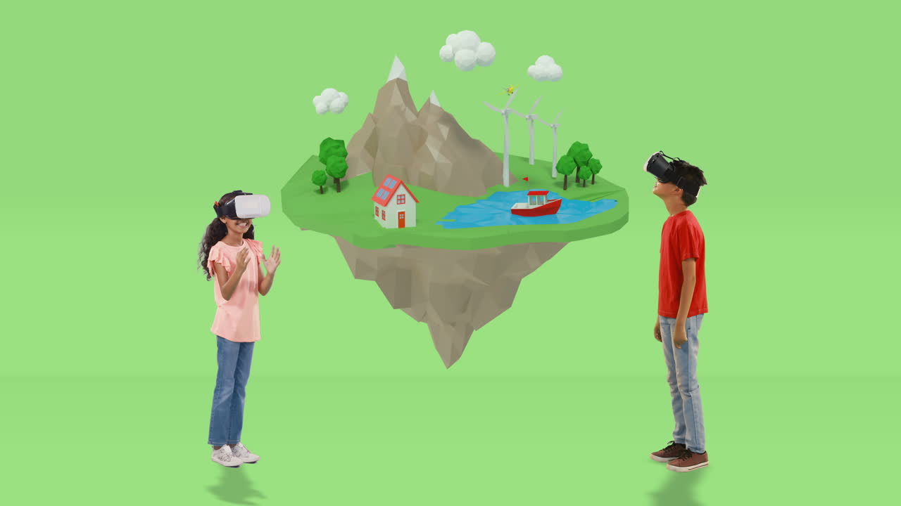 소년과 소녀는 디지털로 생성된 여행 아이콘 4k와 함께 가상 현실 헤드 ⁇ 을 사용합니다.