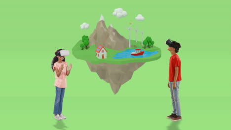 boy and girl using virtual reality headset with digitally generated travel icons 4k