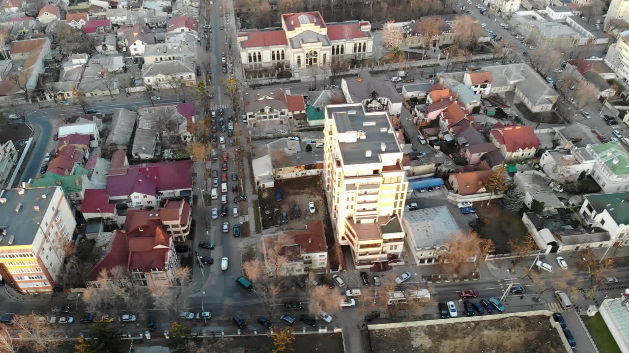 Aerial drone view of the city of Chisinau, Moldova in the evening
