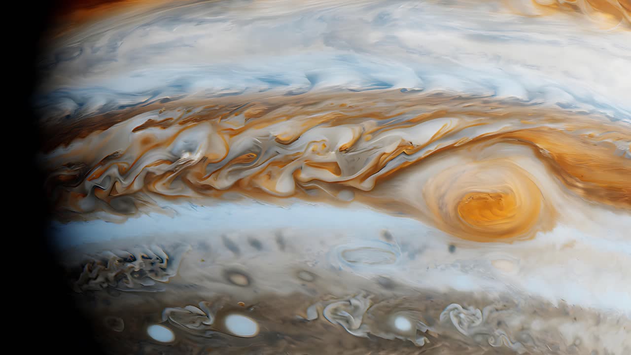 panorámica de primer plano siguiendo la gran mancha roja del planeta júpiter girando en sentido contrario a las agujas del reloj y la superficie nublada en movimiento lento