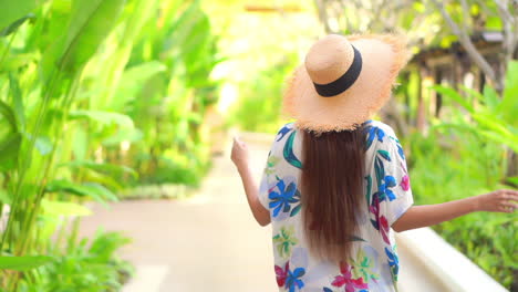 back of stylish young female in colorful summer dress and hat walking on pathway with tropical plants on sunny day, slow motion