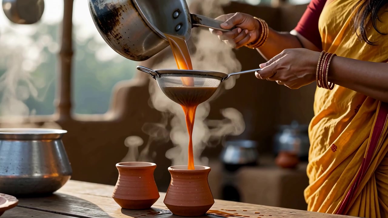 Liquido caldo scorre costantemente attraverso un colino a mano in una tazza di terracotta mentre si alza vapore visibile, mentre recipienti di metallo e un'altra tazza di argilla incorniciano un ambiente di cucina rustica illuminato calorosamente.