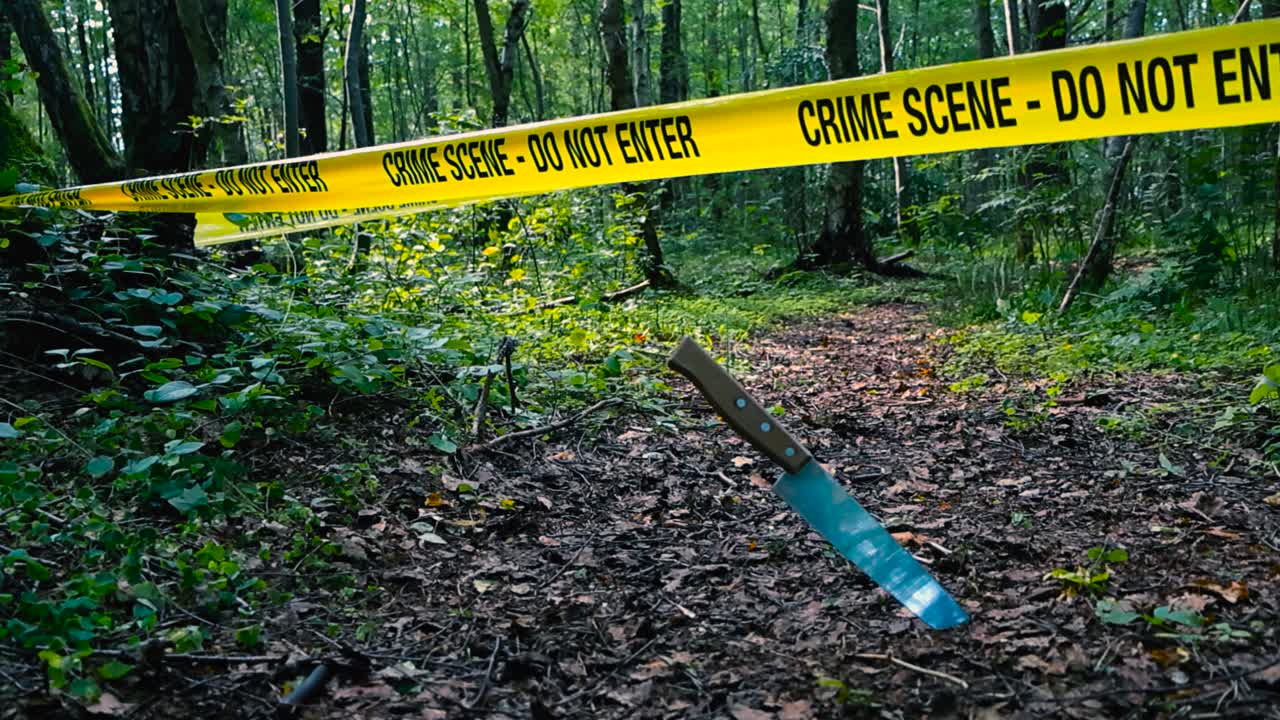 Close up low angle footage of a shinky kitchen knife stabbed in a leafy and brown hiking road in a forest while a yellow crime scene police incestigation forensic tape hangs above it during day time