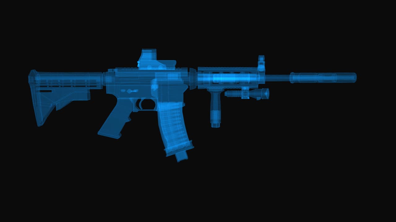 Drahtgitter-Schema eines Maschinengewehrs M4. 3D-Render mit blauen Gitterlinien. Schleifenrotation auf schwarzem Hintergrund.