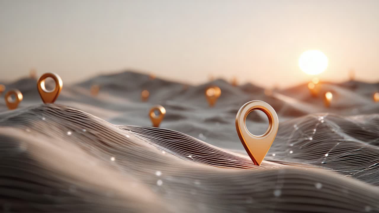 A Serene Landscape of Markers: Golden Location Pins on Fluid Hills Under an Expansive Sky at Sunset