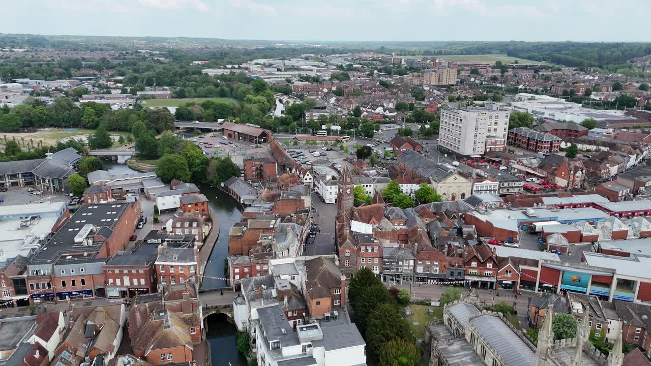 Newbury Berkshire town centre and river Kennet drone,aerial