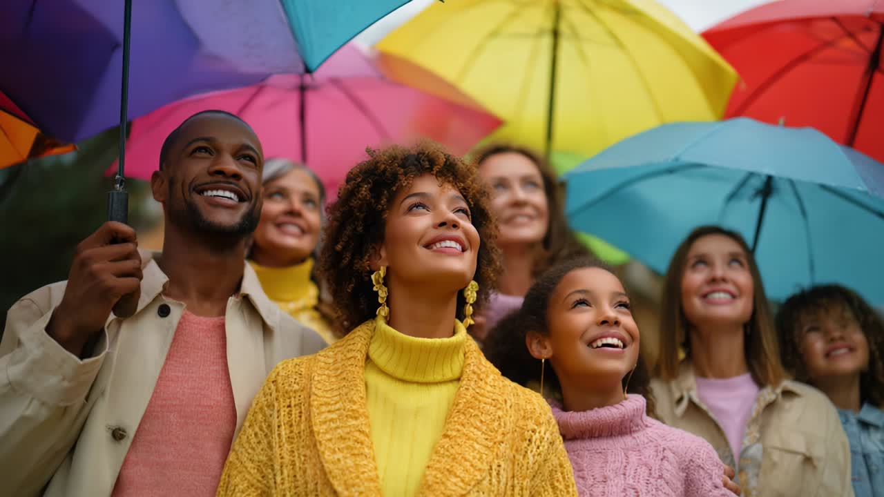 Diverse group of people under colorful umbrellas