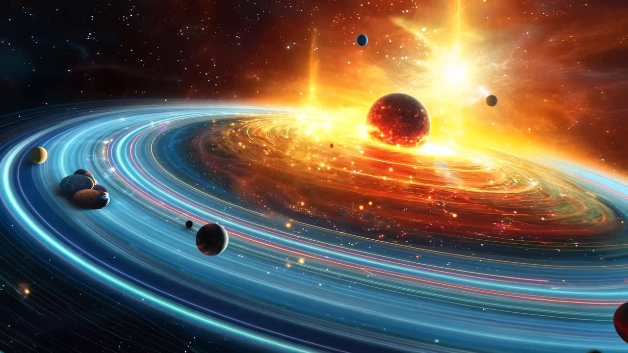 A colorful and vibrant image of a planet with a sun in the center. The sun is surrounded by a ring of planets, and the planets are scattered throughout the image. Scene is one of wonder and awe