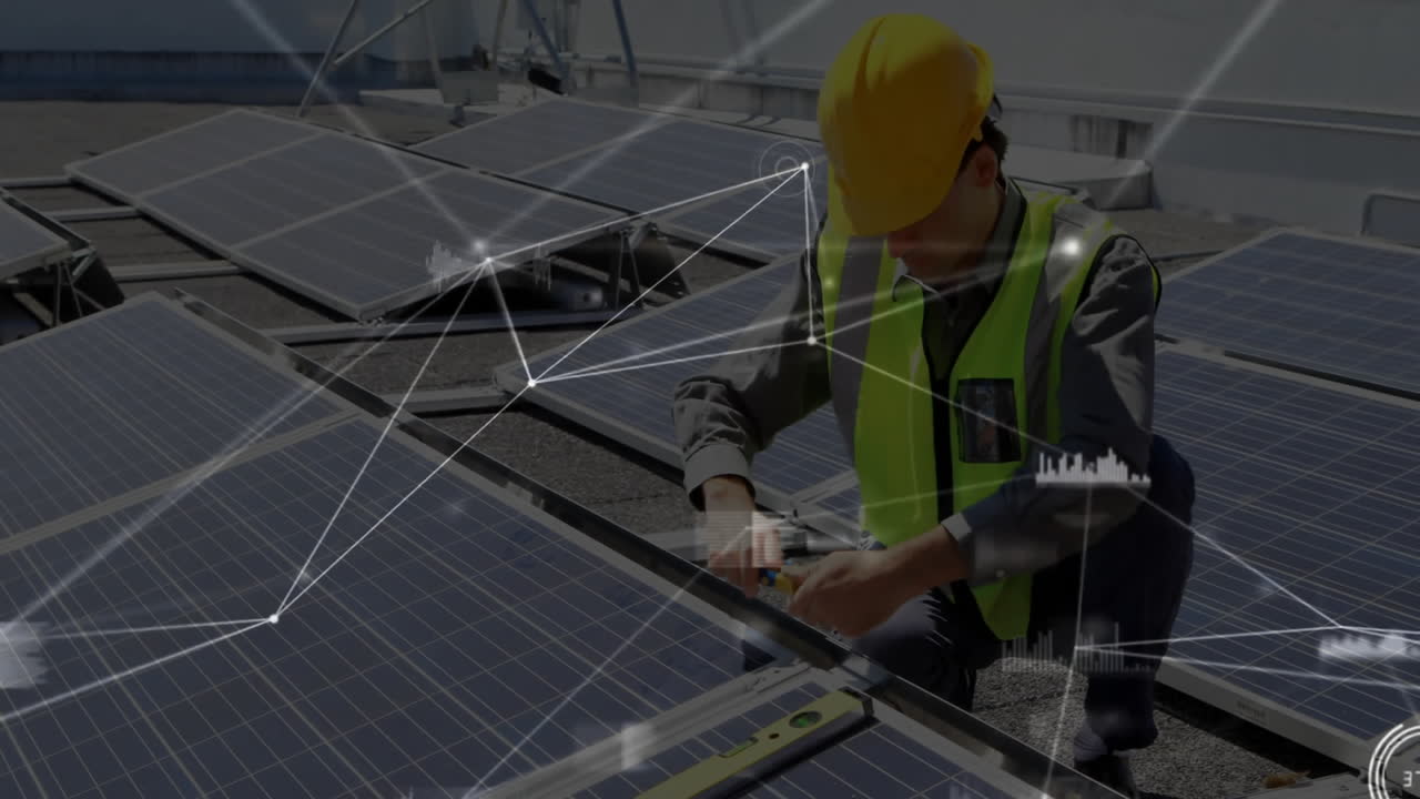 Technician installing solar panels with network connections animation over scene