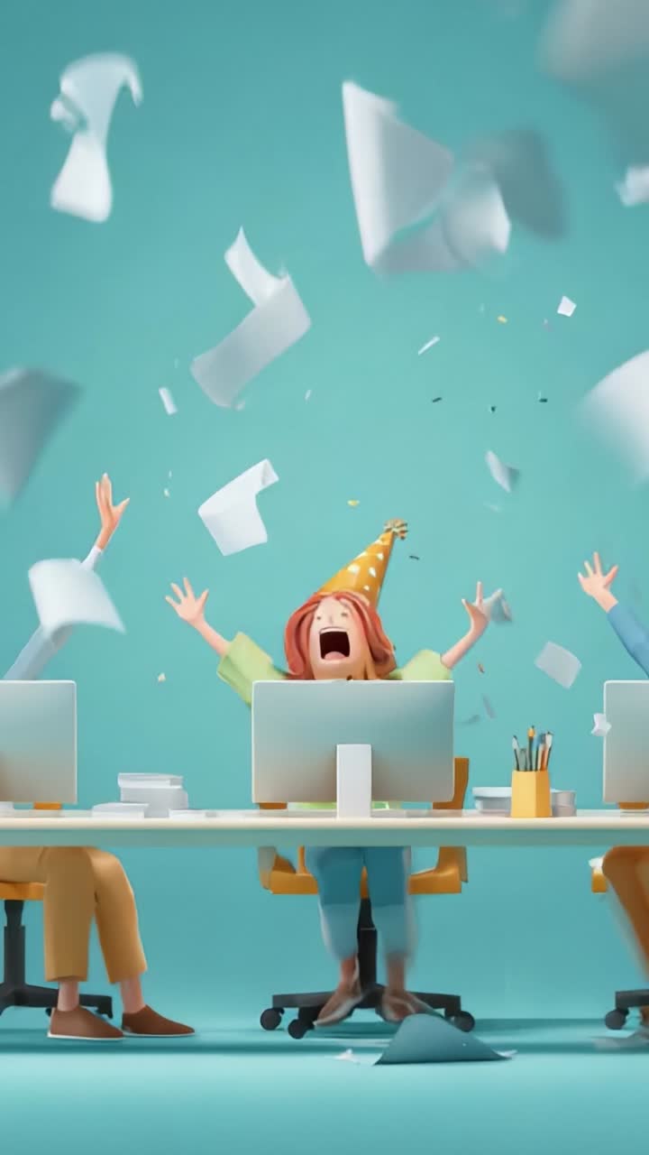 Joyful Office Celebration: Animated Characters Cheer as Papers Fly, Capturing the Essence of Fun, Excitement, and Team Spirit in a Colorful Work Environment