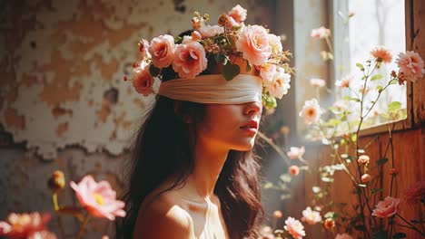 woman with floral crown and blindfold