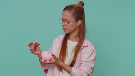 Poor-teen-girl-holding-piggybank-and-one-dollar-banknote,-financial-crisis,-bankruptcy,-debt,-fail