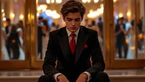 pensive young man in a tuxedo at a formal event