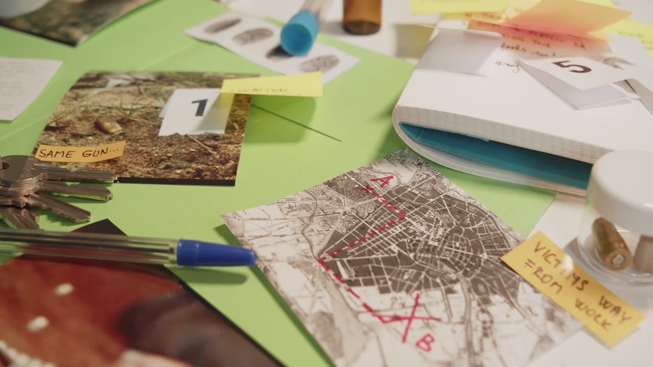 Camera slowly reveals evidence lying on detective's desk and builds tension with the viewer