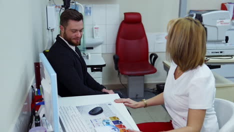 ophthalmologist checking eyesight of man. ophthalmologist examining eyes of young man in clinic
