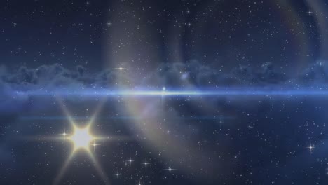 animation of flared lights moving over stars and cloudscape in background