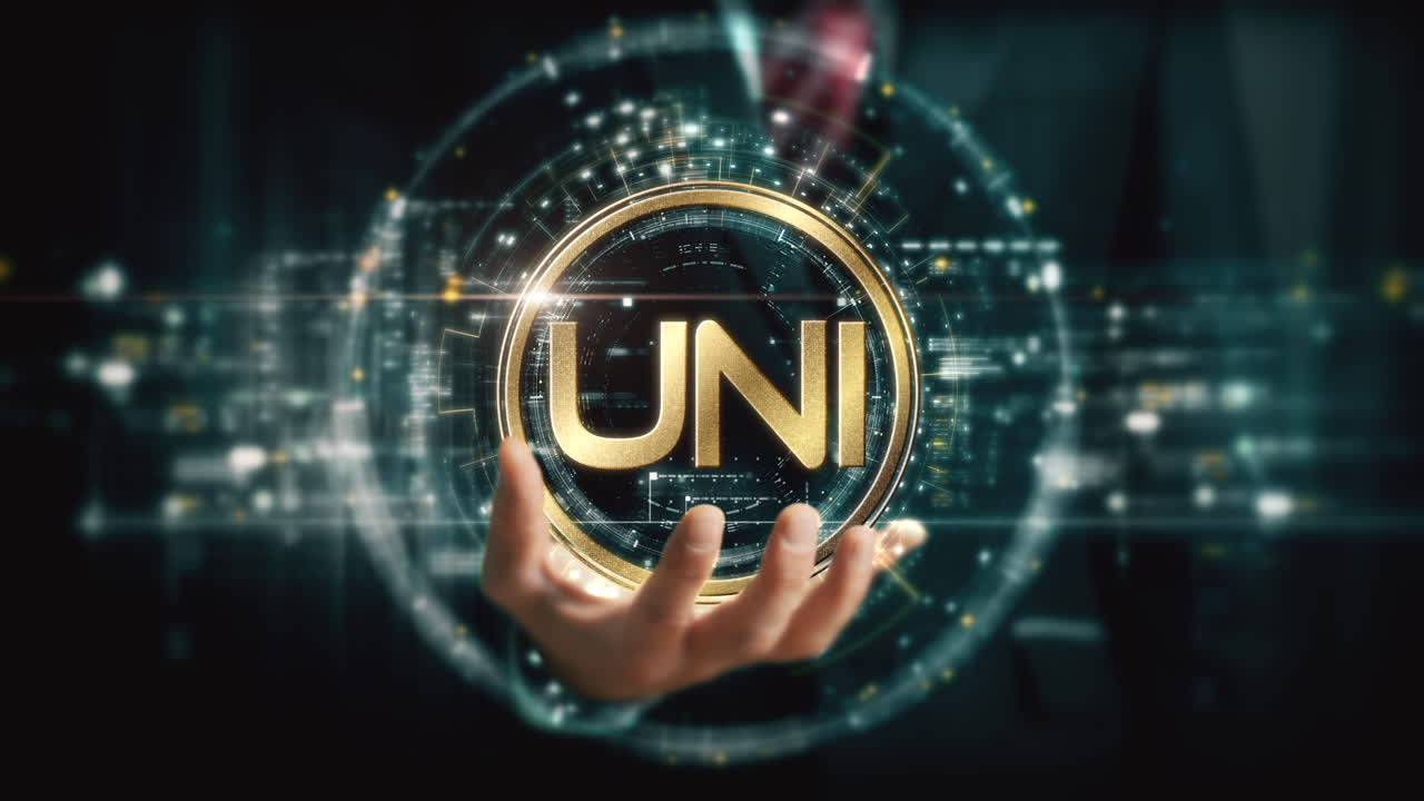 A visionary businessman extends his hand, unveiling a vibrant futuristic holographic display showcasing global crypto trading, business analytics, stock exchanges, and market trends : UNI