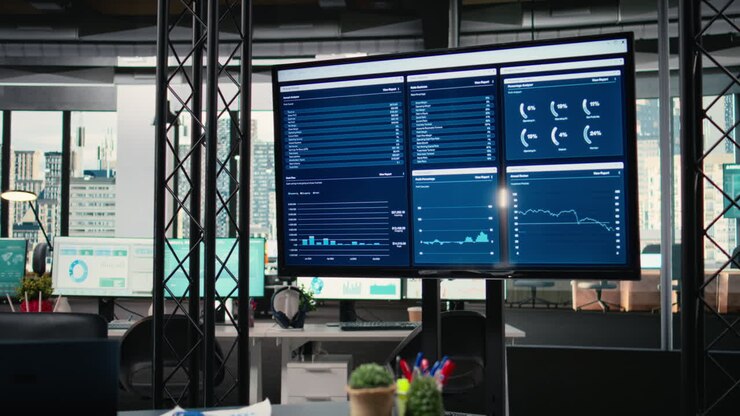 Vertical Video Unoccupied office desk arranged with professional high tech tools