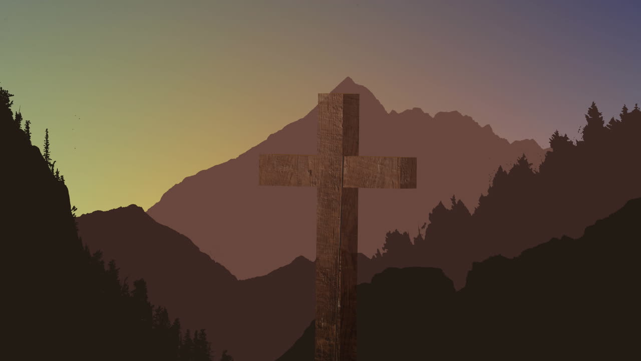 산 위에 검은 십자가 모양의 불빛의 비디오