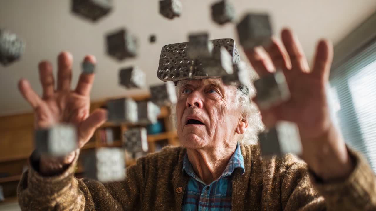 An Elderly Man Engaged in a Mesmerizing Virtual Reality Experience as Floating Cubes Surround Him, Expressing Wonder and Curiosity in a Modern Technological Setting