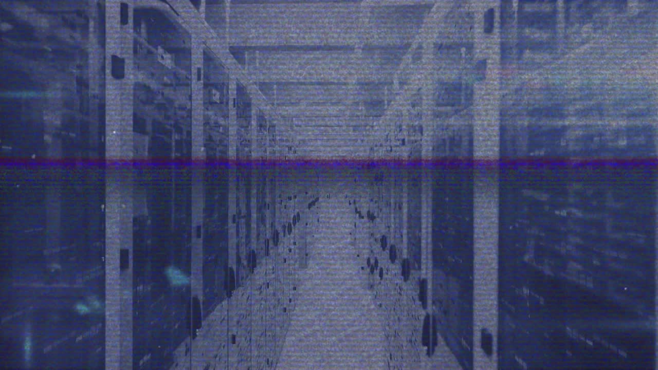 Translucent globe appearing in server corridor, zooming, rotating, flaring, showing network flow