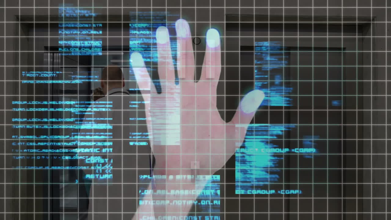 In school, child scanning hand for biometric identification with animation overlay